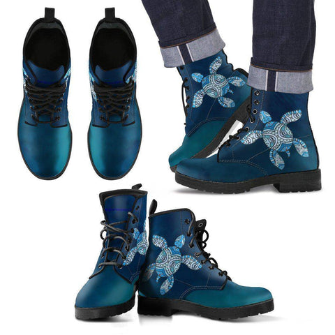 Image of Cool Blue Tribal Turtle V.3 Ocean Swim Men's Leather Boots - Black - Men US5 (EU38)