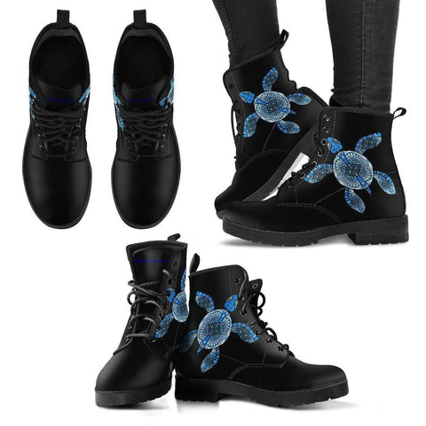 Image of Cool Blue Turtle on Premium Eco Leather Boots Women's Leather Boots - Black - Women US5 (EU35)