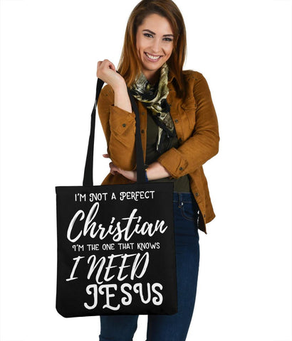 Image of Not Perfect, I Need Jesus, Canvas Tote Tote Bag Black