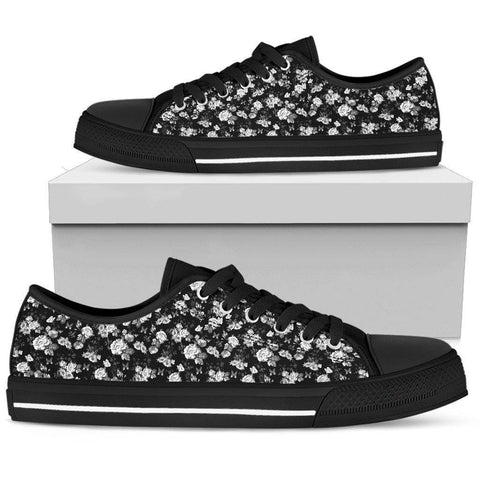 Image of Epic Canvas Shoes with Beautiful Flower Art Womens Low Top - Black - White on Black US5.5 (EU36)