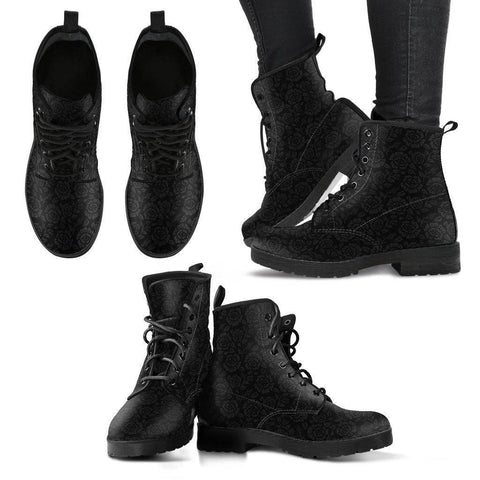 Image of Premium Eco Leather Boots with Rose Art Women's Leather Boots - Black - Grey on Black US5 (EU35)
