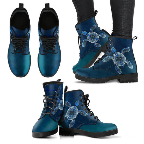 Image of Cool Blue Tribal Turtle V.2, Ocean Swim Women's Leather Boots - Black - Women US5 (EU35)