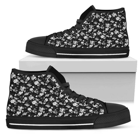 Image of Epic Canvas Shoes with Beautiful Flower Art Womens High Top - Black - White on Black US5.5 (EU36) 