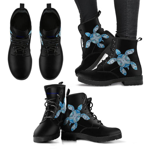 Image of Cool Blue Tribal Turtle V.2 Women's Leather Boots - Black - Women US5 (EU35) 