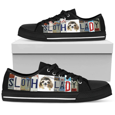 Image of Sloth Lady License Plate Art Shoes | Black Low Top Shoes 