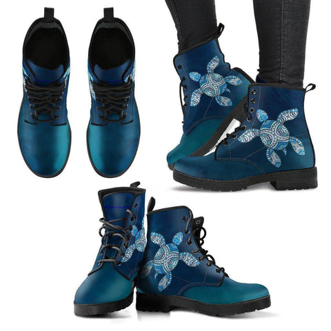 Image of Cool Blue Tribal Turtle V.3 Ocean Swim Women's Leather Boots - Black - Women US5 (EU35)