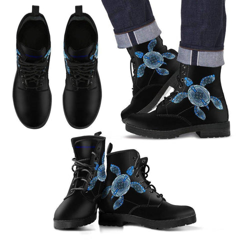 Image of Cool Blue Turtle on Premium Eco Leather Boots Men's Leather Boots - Black - Men US5 (EU38) 