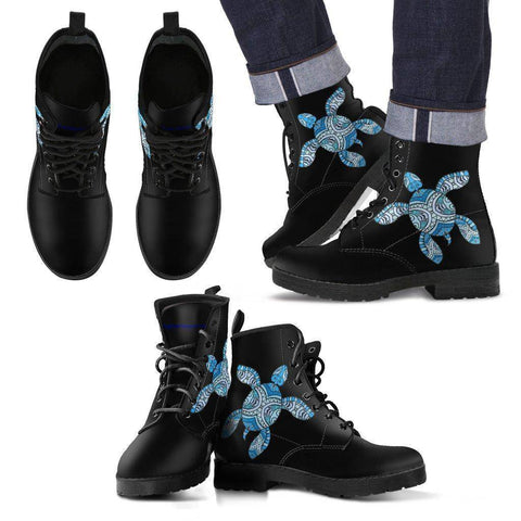 Image of Cool Blue Tribal Turtle V.2 Men's Leather Boots - Black - Men US5 (EU38)