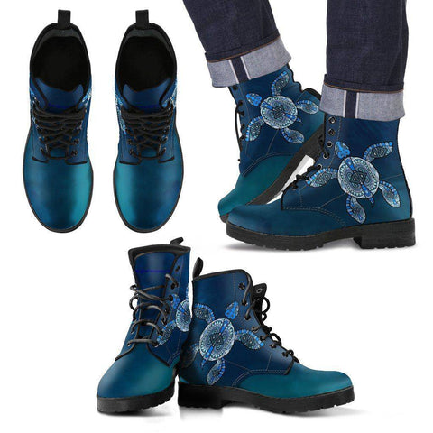 Image of Cool Blue Tribal Turtle V.2, Ocean Swim Men's Leather Boots - Black - Men US5 (EU38)