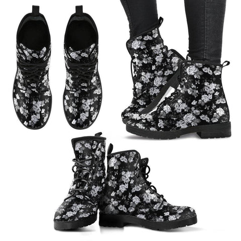 Image of Premium Eco Leather Boots with Rose Art Women's Leather Boots - Black - White on Black US5 (EU35)