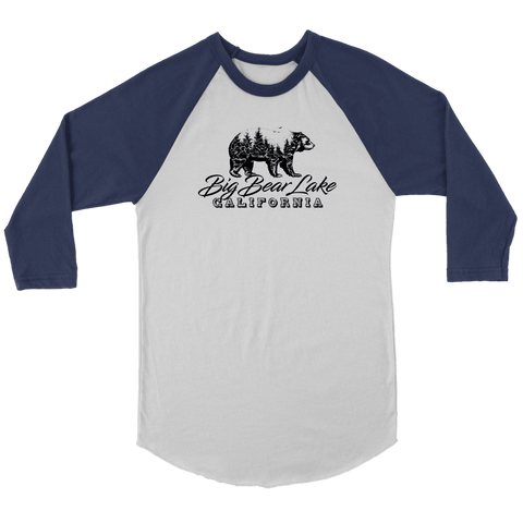 Image of Big Bear Lake California V.2 Black Raglan T-shirt Canvas Unisex 3/4 Raglan White/Navy S