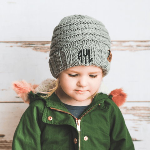Image of Comfy Kids Monogram Beanies Monogrammed Personalized Products Grey Fancy 