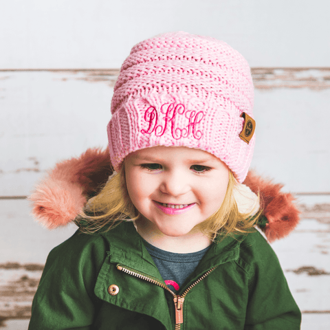 Image of Comfy Kids Monogram Beanies Monogrammed Personalized Products Soft Pink Fancy