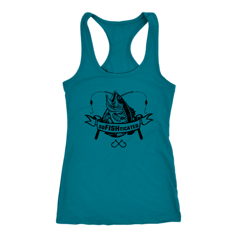 Image of soFISHticated Womens Black Print T-shirt Next Level Racerback Tank Turquoise XS
