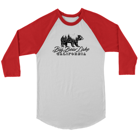 Image of Big Bear Lake California V.2 Black Raglan T-shirt Canvas Unisex 3/4 Raglan White/Red S