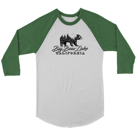 Image of Big Bear Lake California V.2 Black Raglan T-shirt Canvas Unisex 3/4 Raglan White/Evergreen S