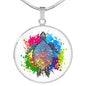 Lively Color Splash Turtle with White Background Jewelry Luxury Necklace (Silver) No