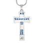 Proverbs 27:17 Premium Cross, Blue/White Jewelry