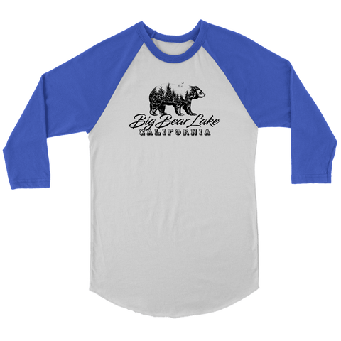 Image of Big Bear Lake California V.2 Black Raglan T-shirt Canvas Unisex 3/4 Raglan White/Royal S