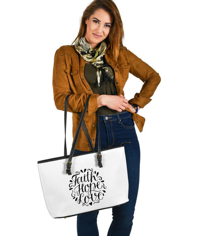 Image of Faith Hope Love, Large Vegan Leather Tote White Bags