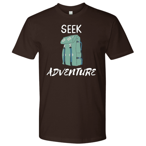 Image of Seek Adventure with Backpack (Mens) T-shirt Next Level Mens Shirt Dark Chocolate S