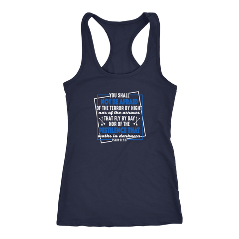 Image of You shall not be afraid. Pslam 91: 5-6 Womens White T-shirt Next Level Racerback Tank Navy XS
