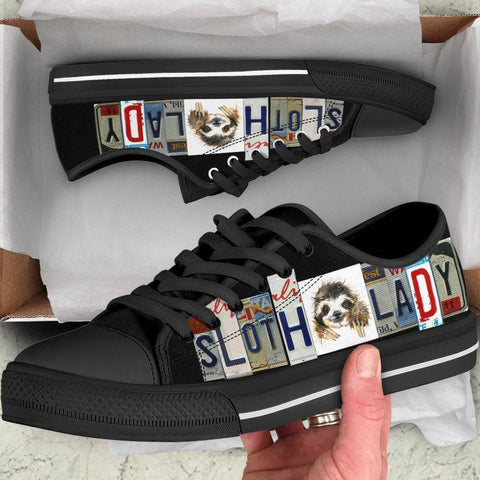 Image of Sloth Lady License Plate Art Shoes | Black Low Top Shoes 