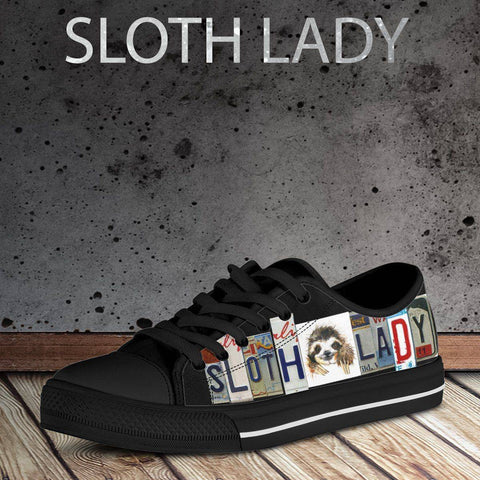 Image of Sloth Lady License Plate Art Shoes | Black Low Top Shoes