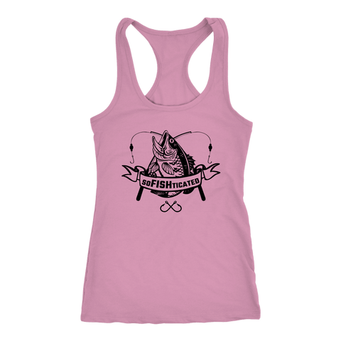 Image of soFISHticated Womens Black Print T-shirt Next Level Racerback Tank Lilac XS