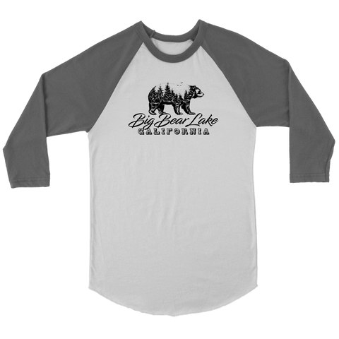 Image of Big Bear Lake California V.2 Black Raglan T-shirt Canvas Unisex 3/4 Raglan White/Asphalt S
