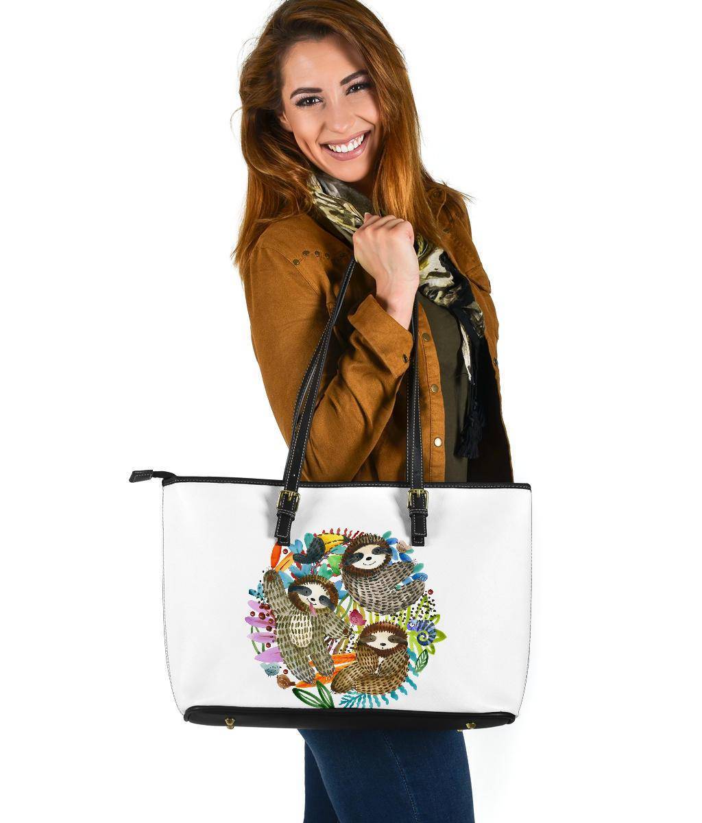 Fun Watercolors Sloths, Large Vegan Leather Tote Bags 