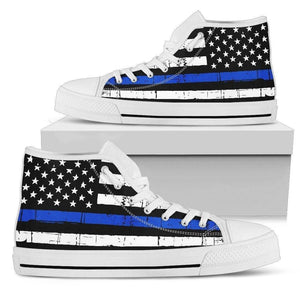 Premium Canvas Highttop with Thin Blue Line Flag Mens High Top - White - White Sole US5 (EU38) 
