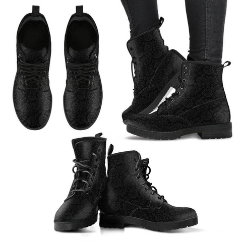 Image of Premium Eco Leather Boots with Rose Art Women's Leather Boots - Black - Grey on Black US5 (EU35) 