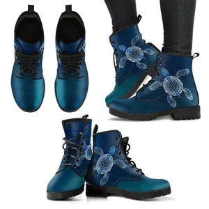 Cool Blue Tribal Turtle V.2, Ocean Swim Women's Leather Boots - Black - Women US5 (EU35) 