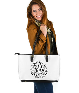 Faith Hope Love, Large Vegan Leather Tote White Bags 