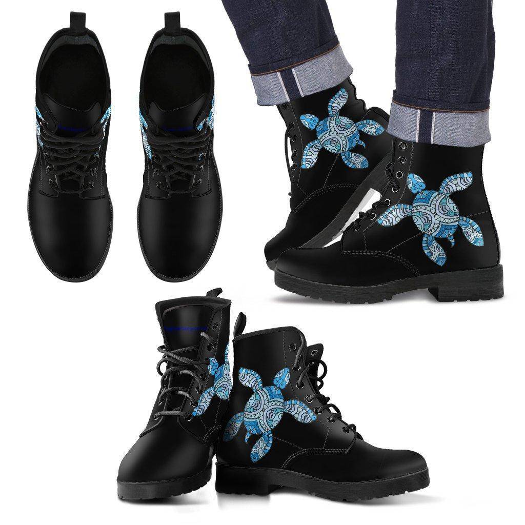 Cool Blue Tribal Turtle V.2 Men's Leather Boots - Black - Men US5 (EU38) 