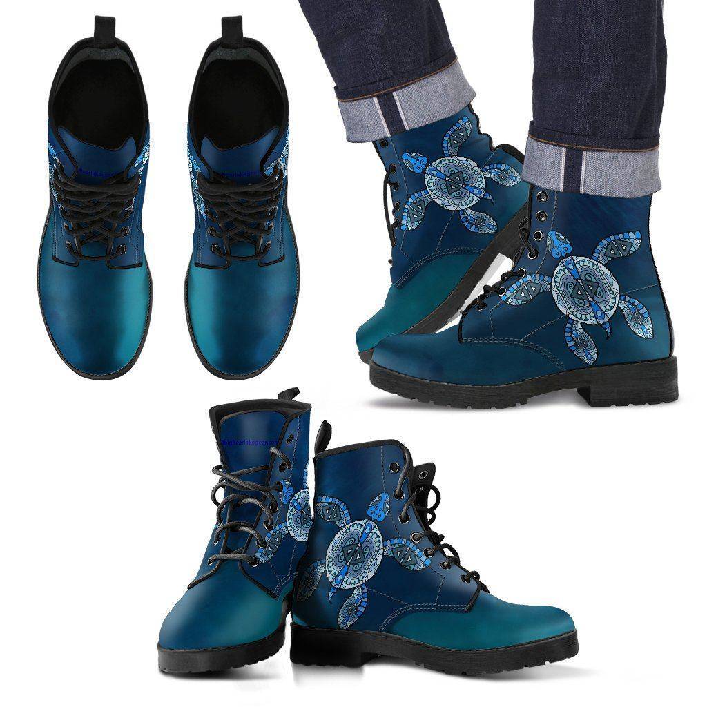 Cool Blue Tribal Turtle V.2, Ocean Swim Men's Leather Boots - Black - Men US5 (EU38) 