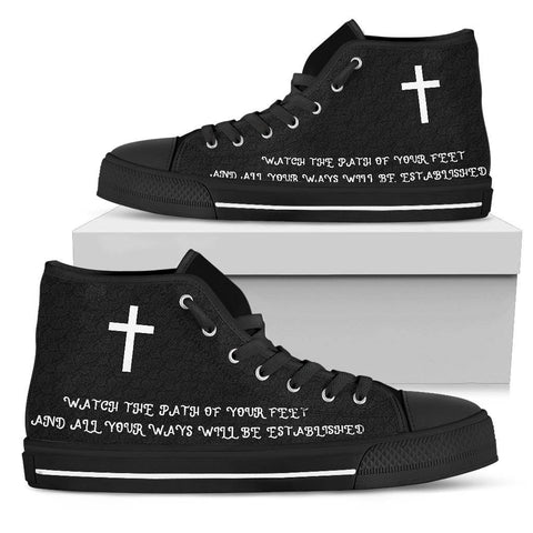 Image of Proverbs 4:26 Premium Canvas High Tops Womens High Top - Black - Proverbs 4:26 With Cross US5.5 (EU36) 