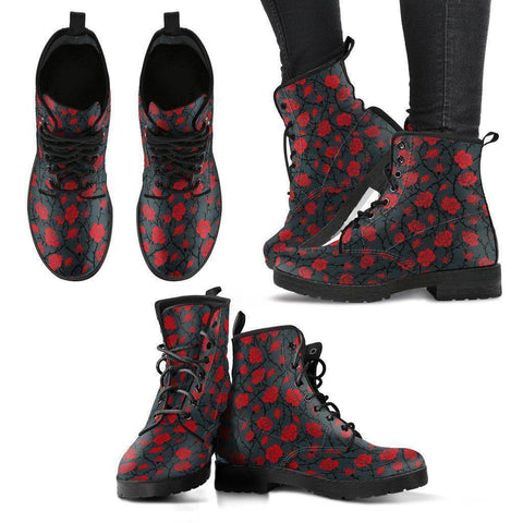 Image of Premium Eco Leather Boots with Rose Art Women's Leather Boots - Black - Red on Grey US5 (EU35) 