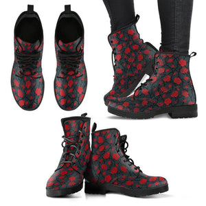 Premium Eco Leather Boots with Rose Art Women's Leather Boots - Black - Red on Grey US5 (EU35) 