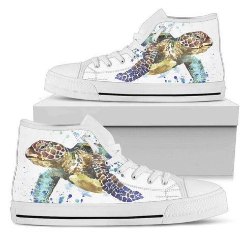 Image of Groovy Watercolor Turtle on Premium High Tops V.1 Womens High Top - White - V.1 US5.5 (EU36) 