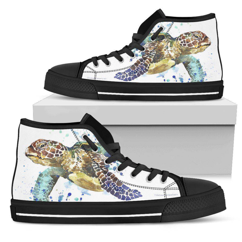 Groovy Watercolor Turtle on Premium High Tops V.1 Womens High Top - Black - V.1 US5.5 (EU36) 