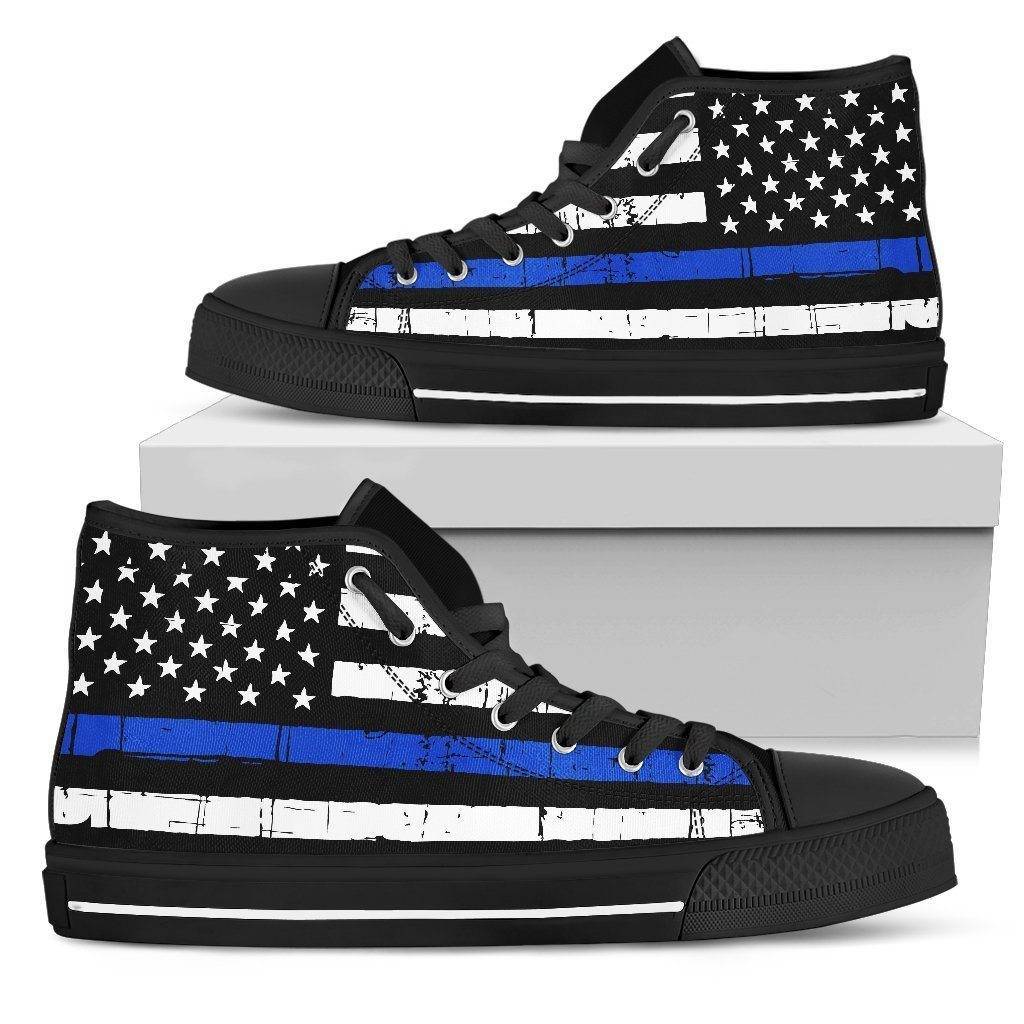 Premium Canvas Highttop with Thin Blue Line Flag Womens High Top - Black - Black Sole US5.5 (EU36) 