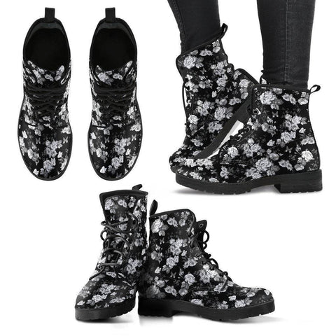 Image of Premium Eco Leather Boots with Rose Art Women's Leather Boots - Black - White on Black US5 (EU35) 