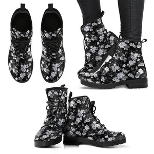 Premium Eco Leather Boots with Rose Art Women's Leather Boots - Black - White on Black US5 (EU35) 