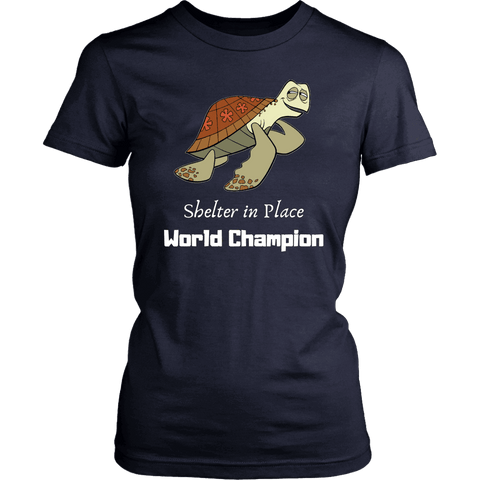 Image of Shelter In Place World Champion, White Print T-shirt District Womens Shirt Navy XS