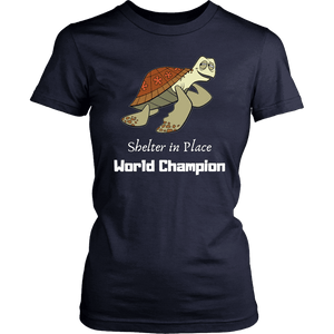 Shelter In Place World Champion, White Print T-shirt District Womens Shirt Navy XS
