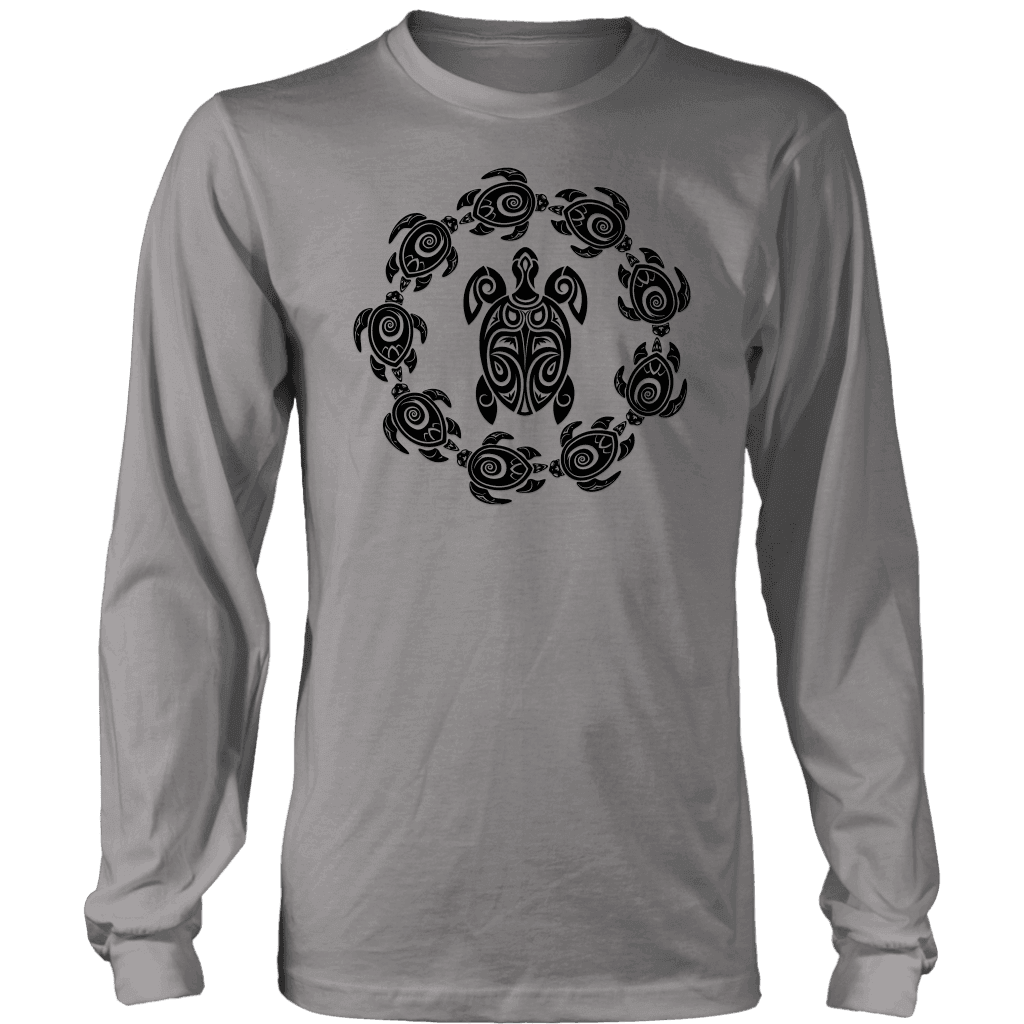 Fun Circle of Life Tribal Turtle Shirt, Black Print T-shirt District Long Sleeve Shirt Grey S