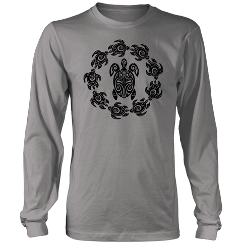 Image of Fun Circle of Life Tribal Turtle Shirt, Black Print T-shirt District Long Sleeve Shirt Grey S