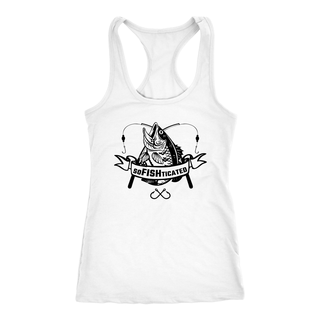 soFISHticated Womens Black Print T-shirt Next Level Racerback Tank White XS